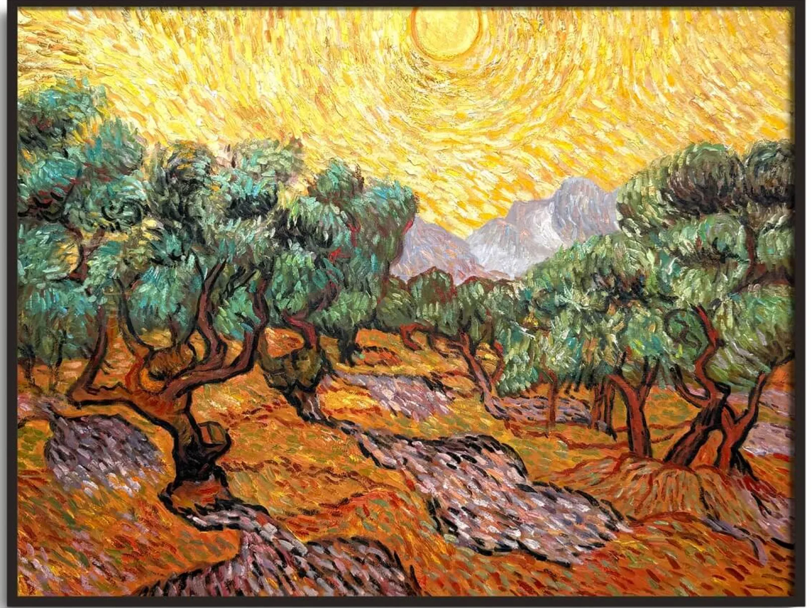 Galerie Mont Van Gogh<Olivenbäume mit gelbem Himmel und Sonne - Vincent Van Gogh