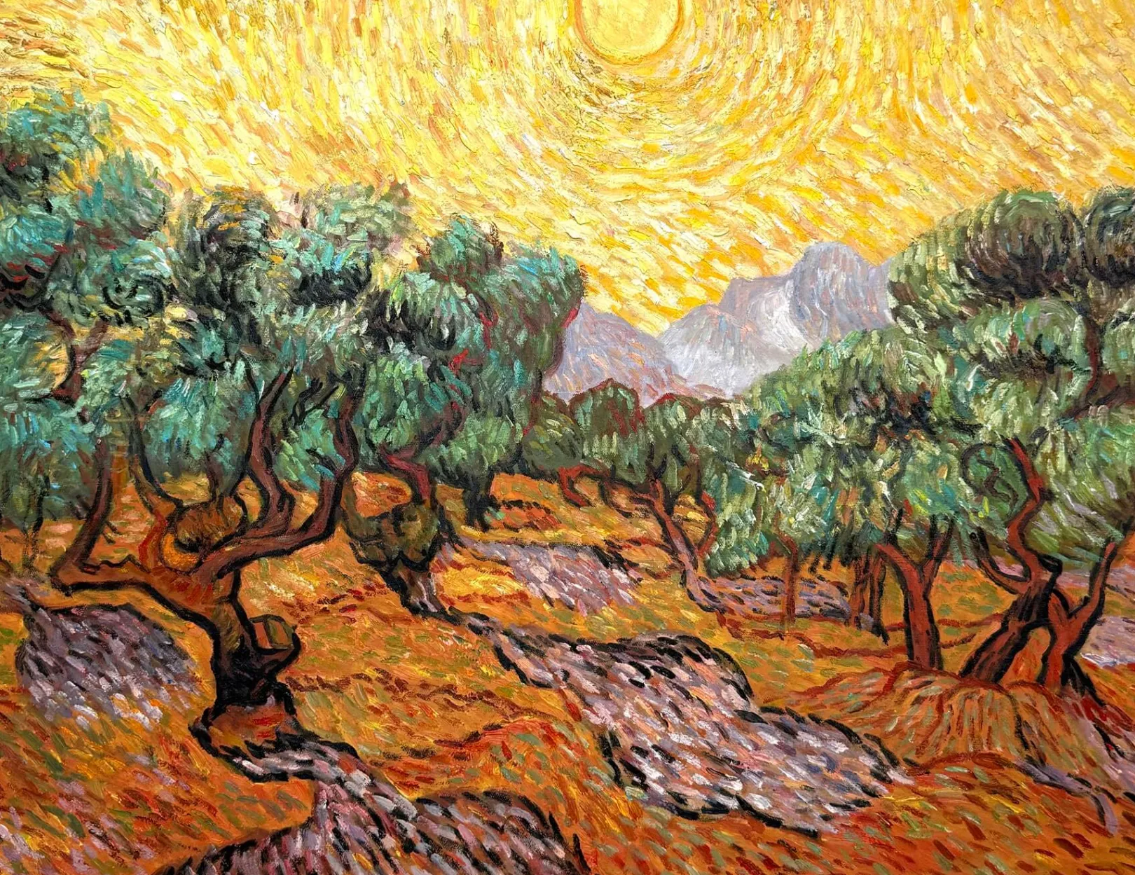 Galerie Mont Van Gogh<Olivenbäume mit gelbem Himmel und Sonne - Vincent Van Gogh